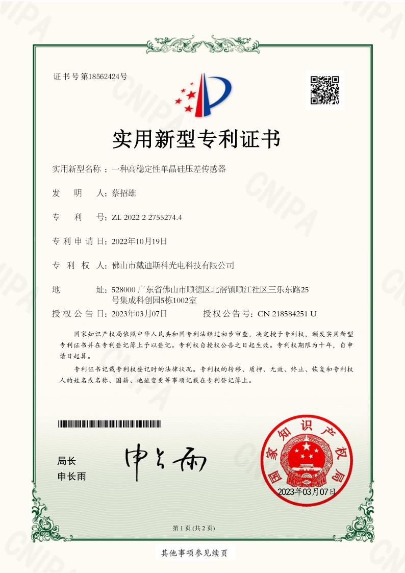 戴迪斯科 压差传感器 发明专利